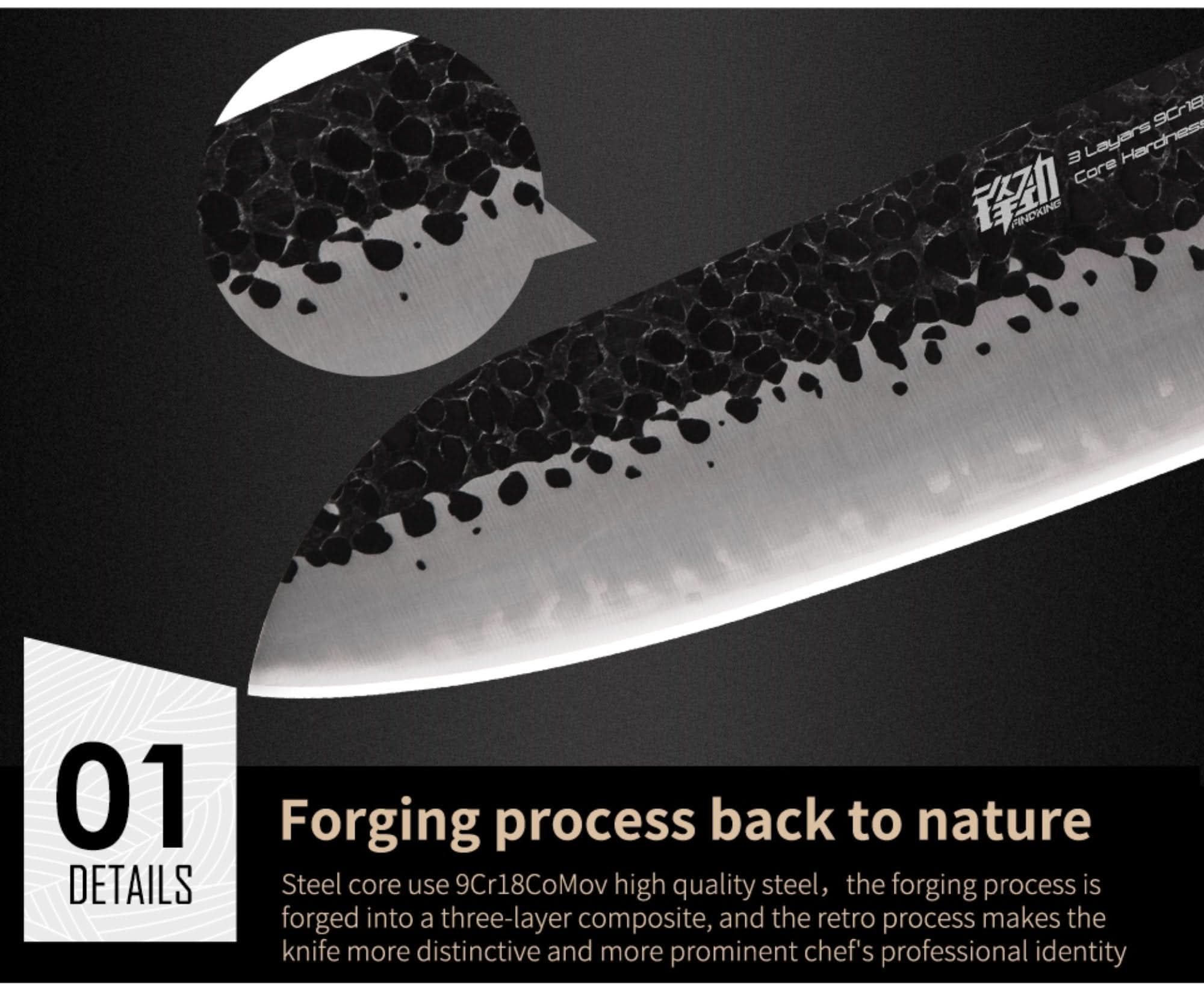 Japanese Forged Kitchen Knife with hammered steel finish, Santoku, Kiritsuke, Chef Knife, Gyuto.